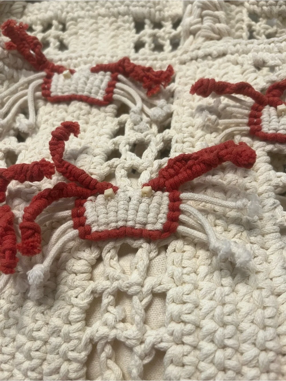Cream Crochet Satchel with Red crab Accent Details